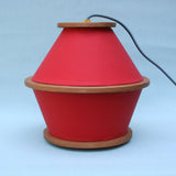 fiery disks lamp waxed sailcloth, red, cherry wood, brass hardware, cloth cord, circle lamp, off