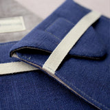 travel pocket, pouch, linen, canvas, indigo and brown detail