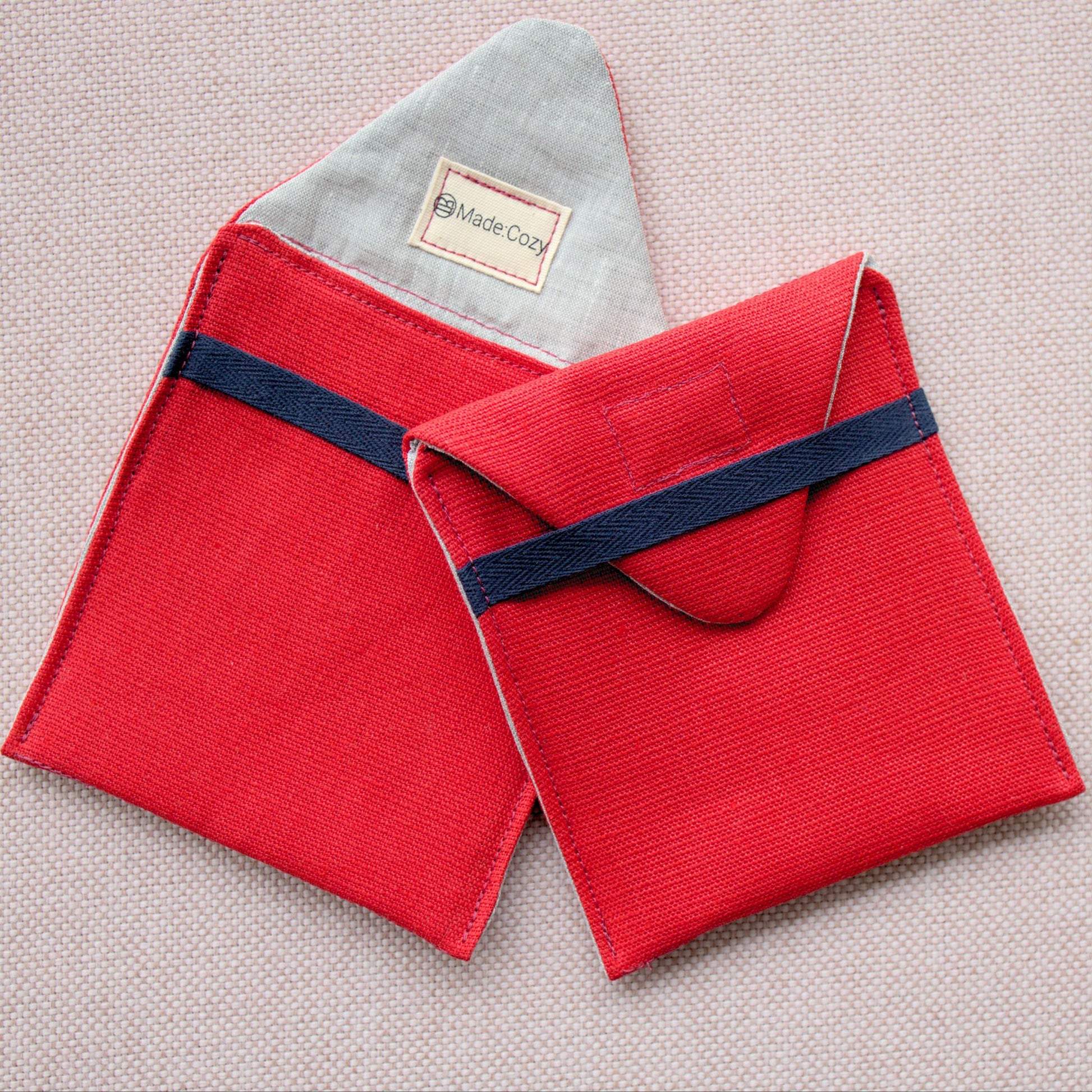 travel pocket, pouch, linen, canvas, tomato red and grey