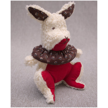 Aster cottontail stuffed wool rabbit in red , white, and brown.