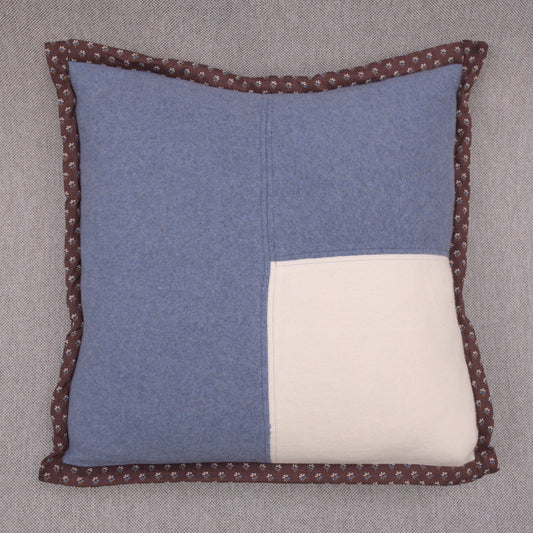 blue cotton fleece pillow with white fleece patch and brown japanese cotton border