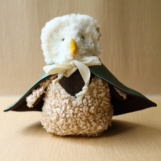 all natural wool cotton and silk owl toy plushie with cape