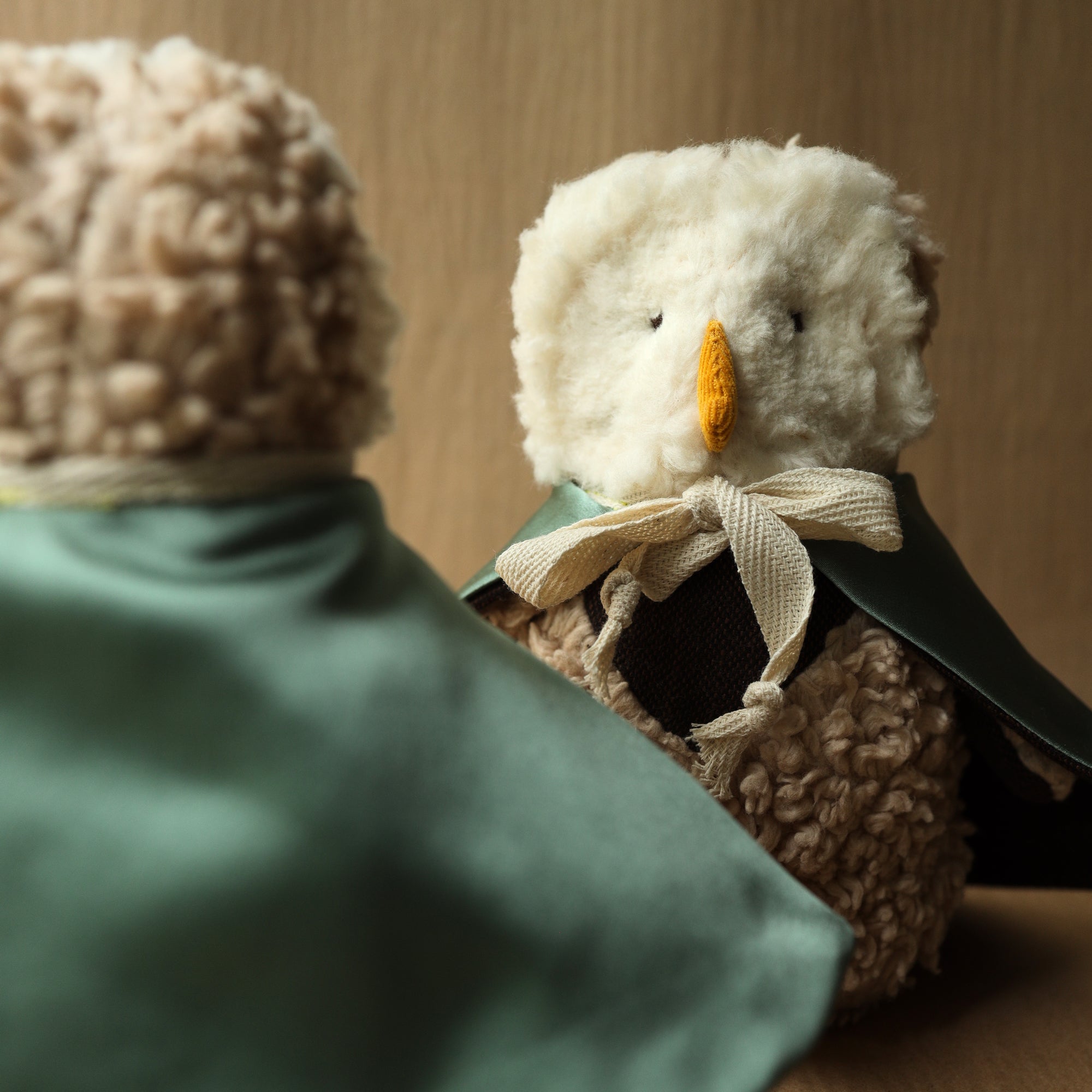 all natural wool cotton and silk owl toy plushie with cape