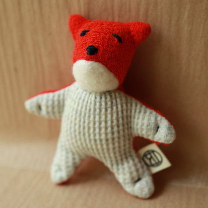 mini fox toy made from red terrycloth, fleece and light gray waffle fabric