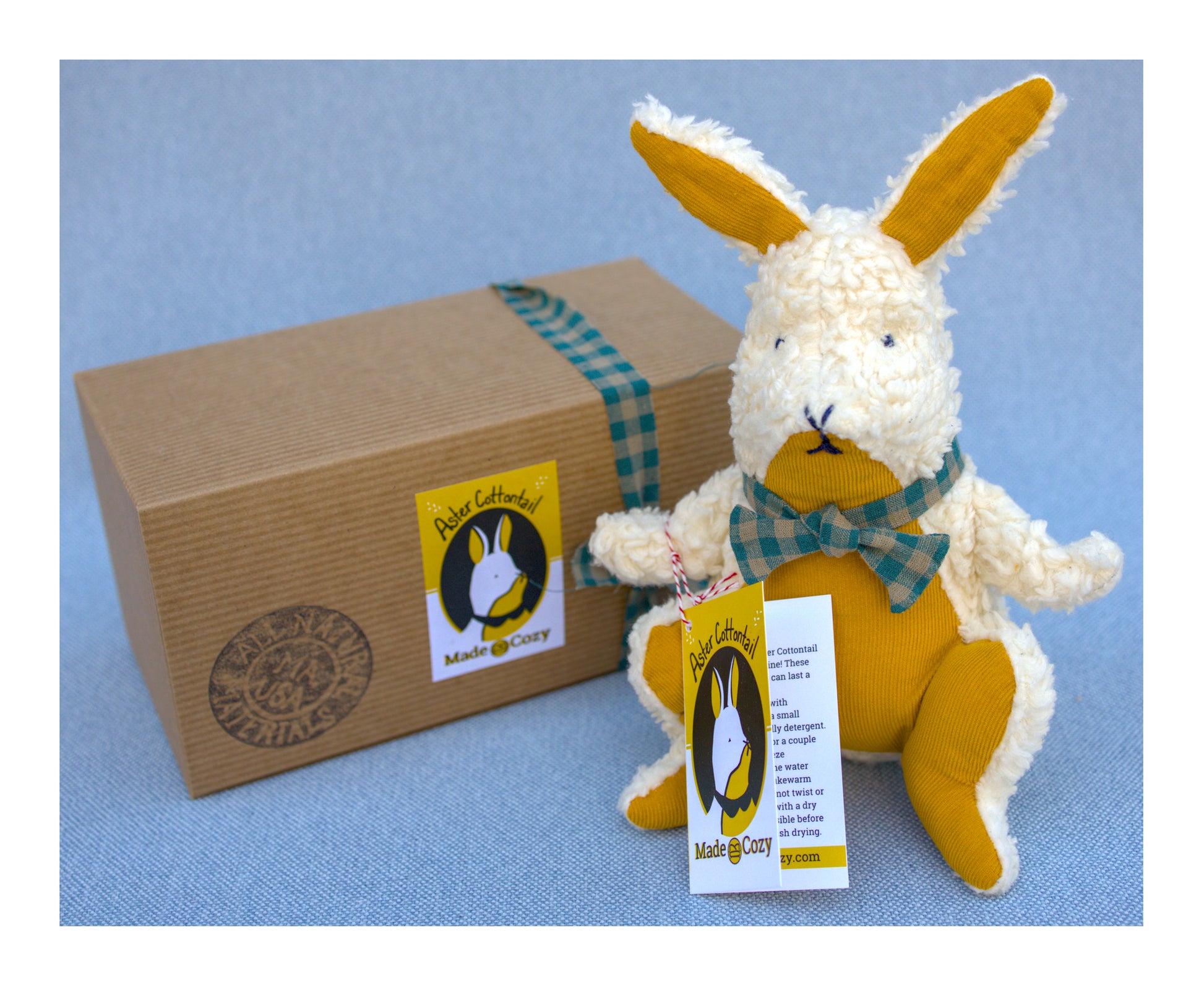 Aster cottontail handmade all natural cotton bunny plushie toy stuffed animal with packaging