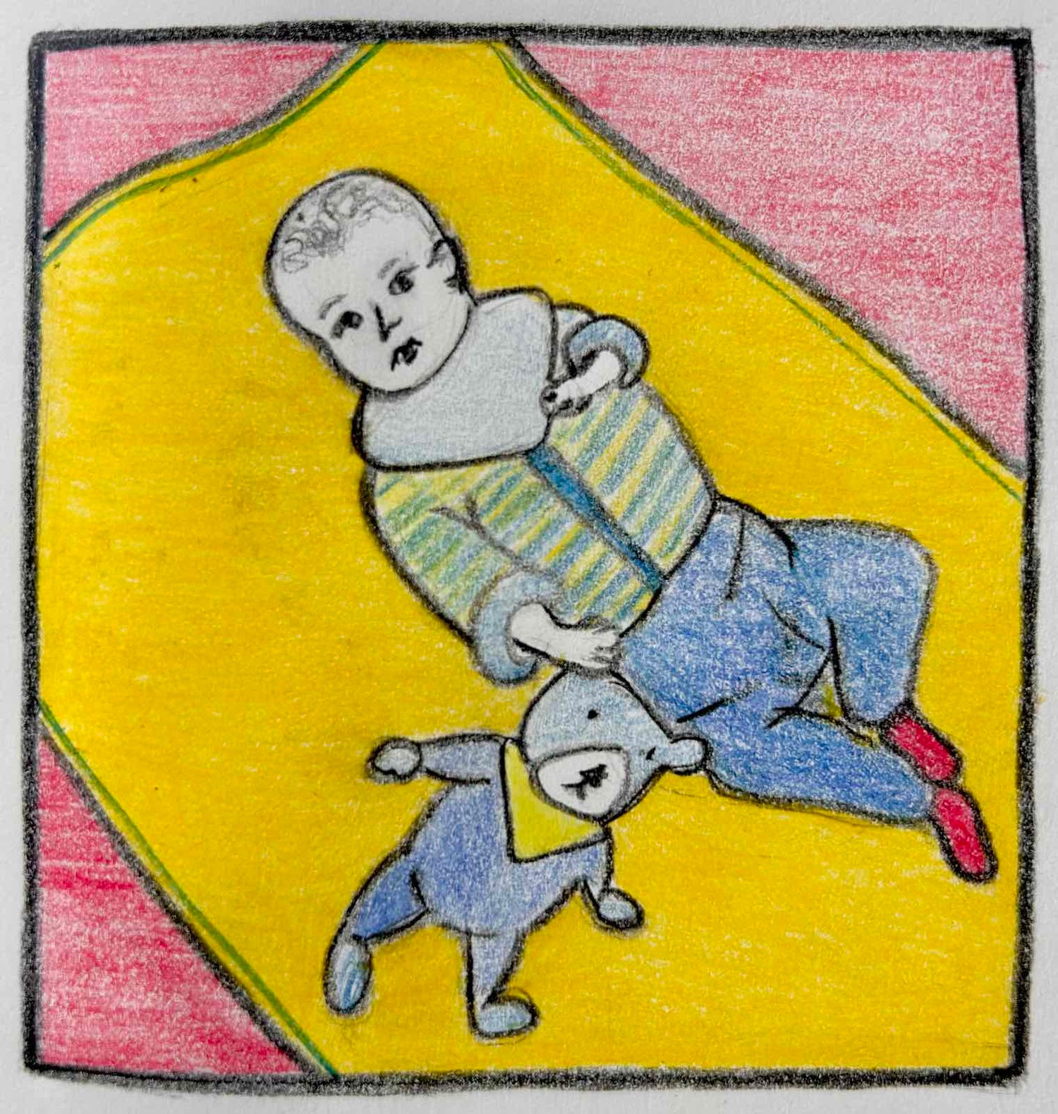 illustration of baby with floppy teddy bear