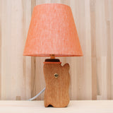 log lamp front, mandarin linen shade, oak, brass