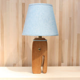log lamp front, soft blue linen shade, oak, brass