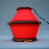 fiery disks lamp waxed sailcloth, red, cherry wood, brass hardware, cloth cord, circle lamp, alternate view