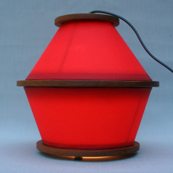 fiery disks lamp waxed sailcloth, red, cherry wood, brass hardware, cloth cord, circle lamp