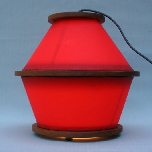 fiery disks lamp waxed sailcloth, red, cherry wood, brass hardware, cloth cord, circle lamp