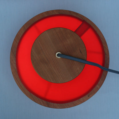 fiery disks lamp waxed sailcloth, red, cherry wood, brass hardware, cloth cord, circle lamp top view