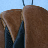 Close up of leather on brown and black oven mitt