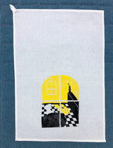 2 color print in black and yellow. The imagery is of sunshine coming through the kitchen window and hitting the black and white checkered floor. 