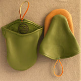 green leather oven mitts front and back